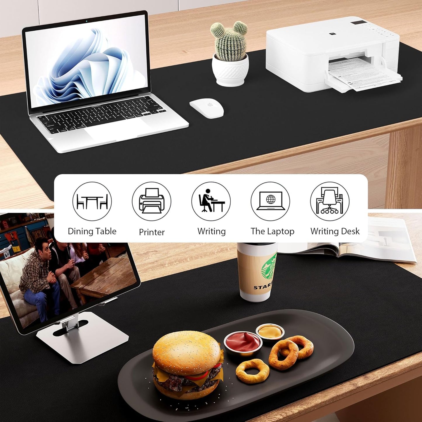 Aothia Dual-Sided Desk Pad - 35.4 x 15.7 inches Leather Desk Mat, Natural Cork Desk Pad Protector, Large Mouse Pad for Desk, Waterproof Desk Blotter Pad, Desk Writing Pad for Office Work/Home, Black