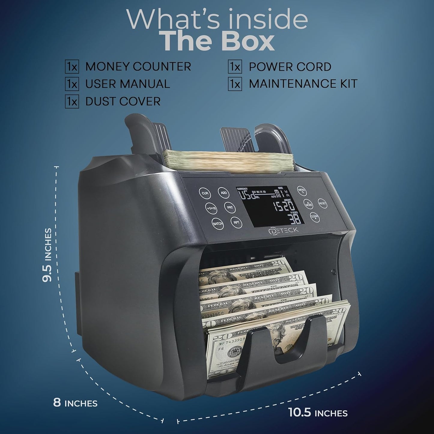 DETECK DT500 Mixed Denomination Money Counter, Multi Currency, Bill Counter 2CIS/UV/IR/MG/MT Counterfeit Detection, Cash Counter Serial Number, Printer Enabled