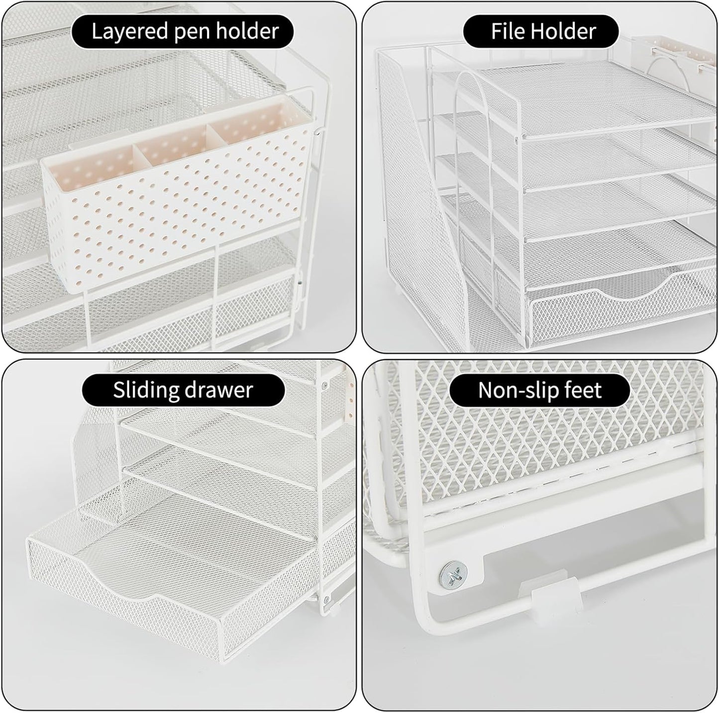 Desk Organizer with Drawer and Pen Holder, 5-Tier Paper Letter Tray Organizer with File Holder, Suitable for Workspace Organizer Office Supplies Storage (White)