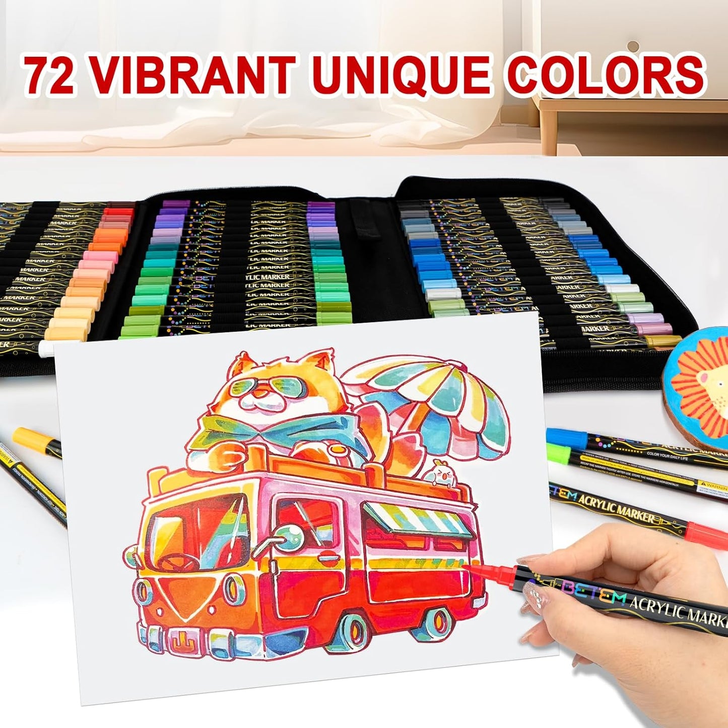 Betem Paint Markers Acrylic Paint Pens, Dual Tip 72 Colors Acrylic Markers with Brush Tip and Fine Point, Art Supplies for Wood, Canvas, Stone, Glass, Rock Painting Kit DIY Crafts Drawing Kit with Bag