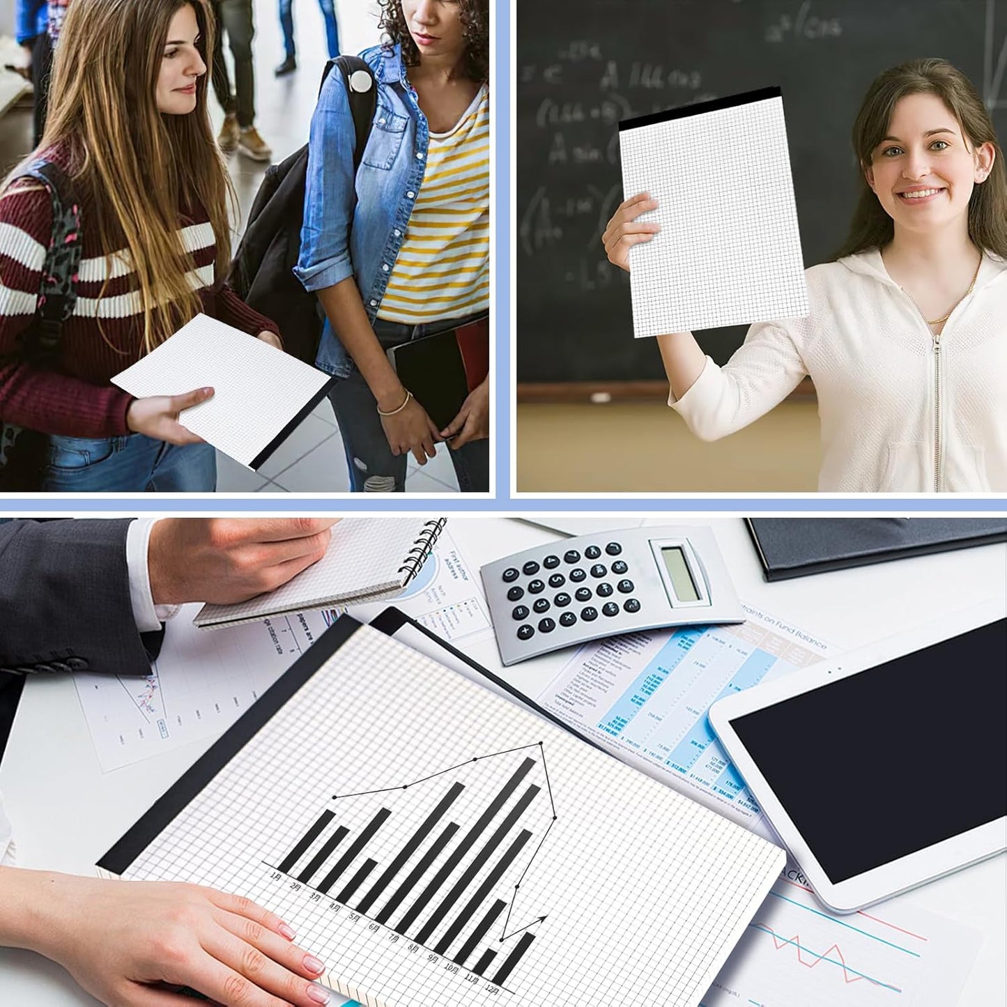 BOOKNOW 2-Pack 8.5" x 11" White 5x5 Quad Ruled Graph Paper Pads, 50 Sheets per Pad, for Office, School, and Drawing