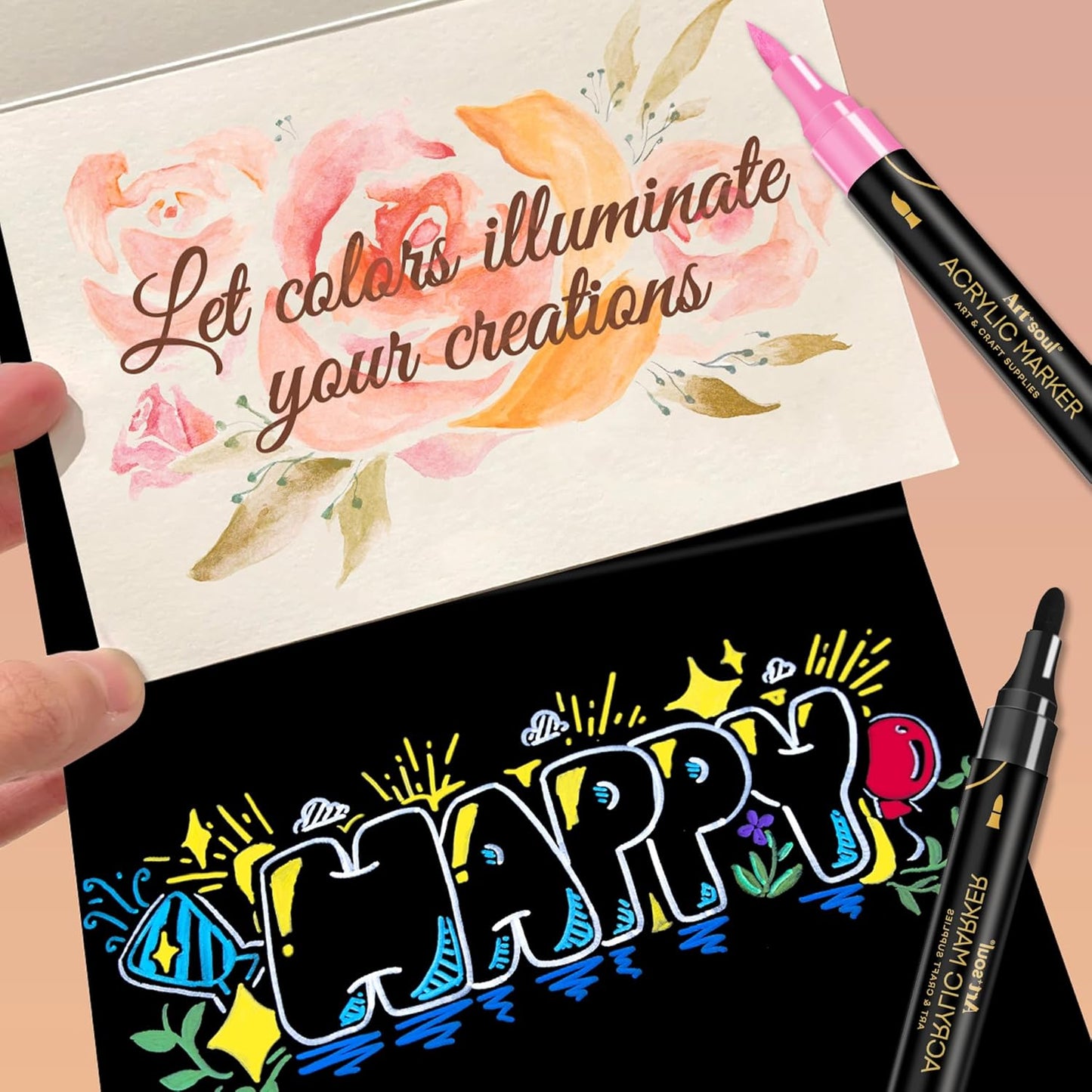 Art+soul 24 Colors Acrylic Paint Pens-Dual Tip Markers, Vibrant, Long Lasting Colors that Dry Quickly, Ideal for Canvas, Paper, Glass, Ceramic, Wood, and Rock