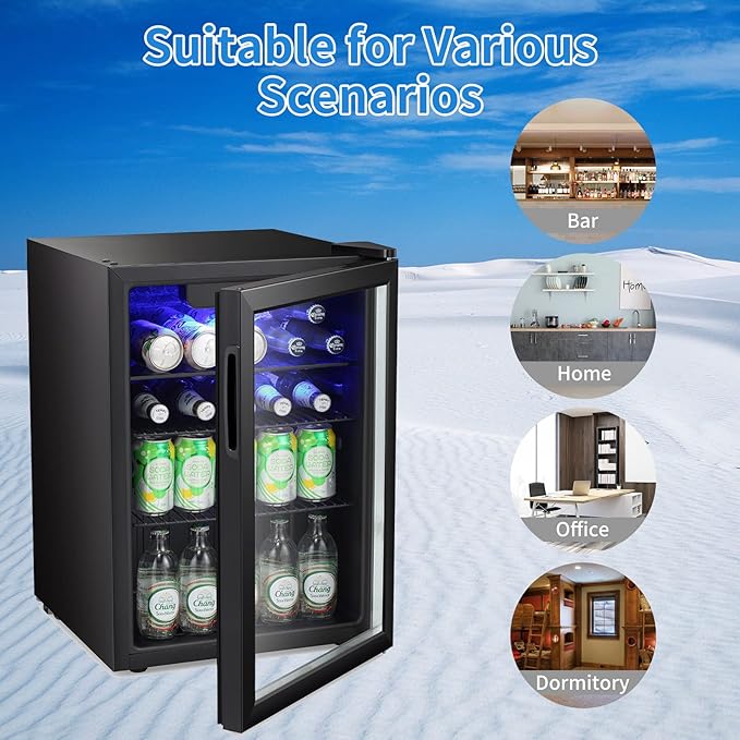 Antarctic Star Mini Fridge-95 Can Beverage Refrigerator Wine Cooler Clear Front Glass Door Small Drink Touch Screen for Soda Beer Bar Office Home 2.6 cu.ft