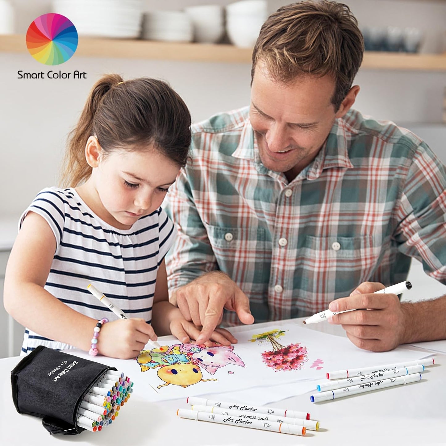 ChicRosa Art Markers, 65 Coloring Markers and 1 Blender, 66 Pack Alcohol Based Dual Tip Permanent Markers Highlighters with Case, Excellent for Adults Kids Coloring Marking Drawing Sketching (Black)