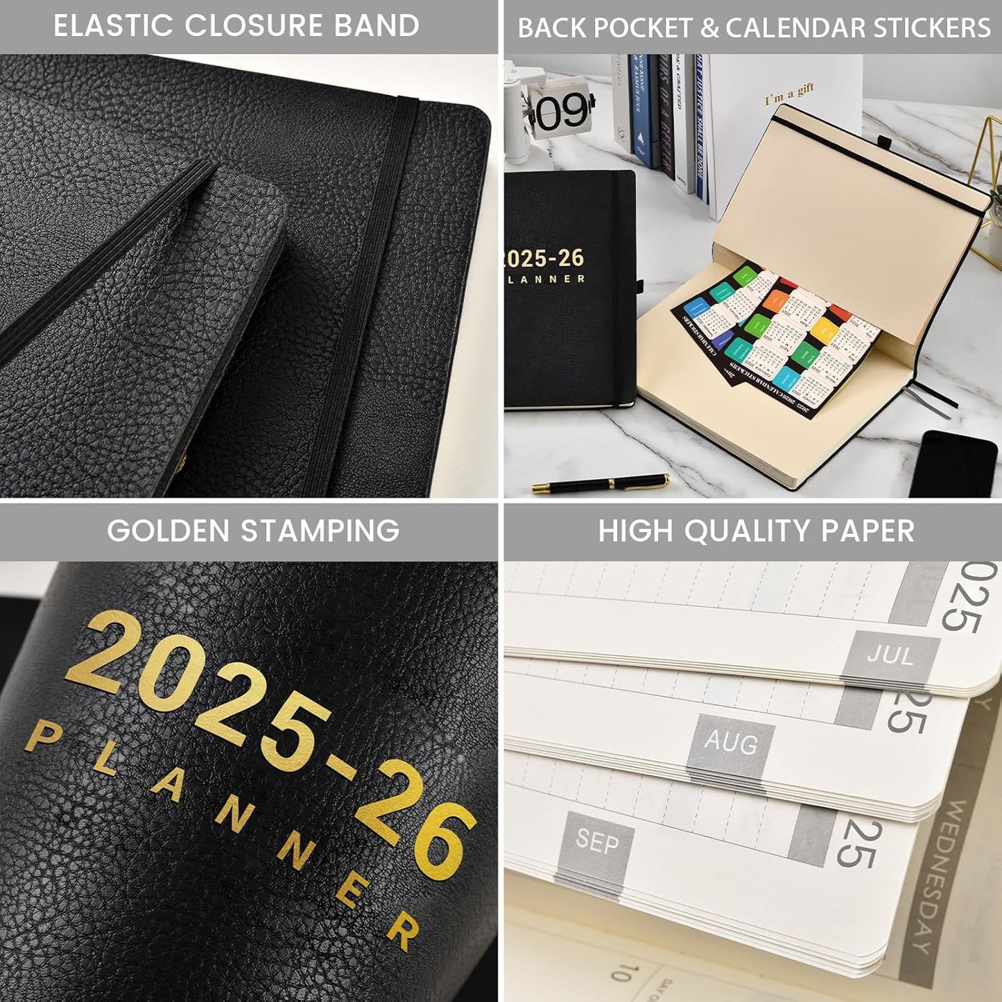 2025-2026 Planner - Academic Planner 2025-2026, July 2025 - June 2025, Weekly and Monthly Planners, 8.5" x 11", Pen Holder, Calendar Stickers, Pocket, Faux Leather Cover -Black