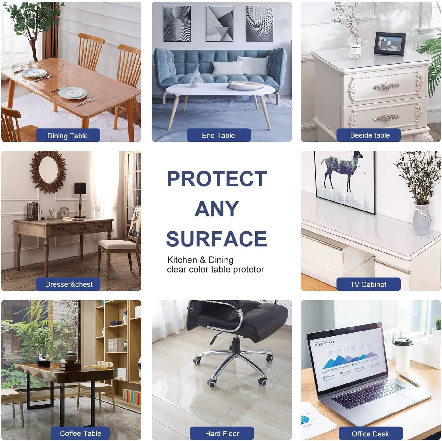 36x84 Clear PVC Table Protector Desk Protector for Dining Table Protector Plastic Tablecloth Desk Pad Mat Work Conference Dinner Table Top Protection Easy Clean Cover Waterproof Rectangular PVC Vinyl