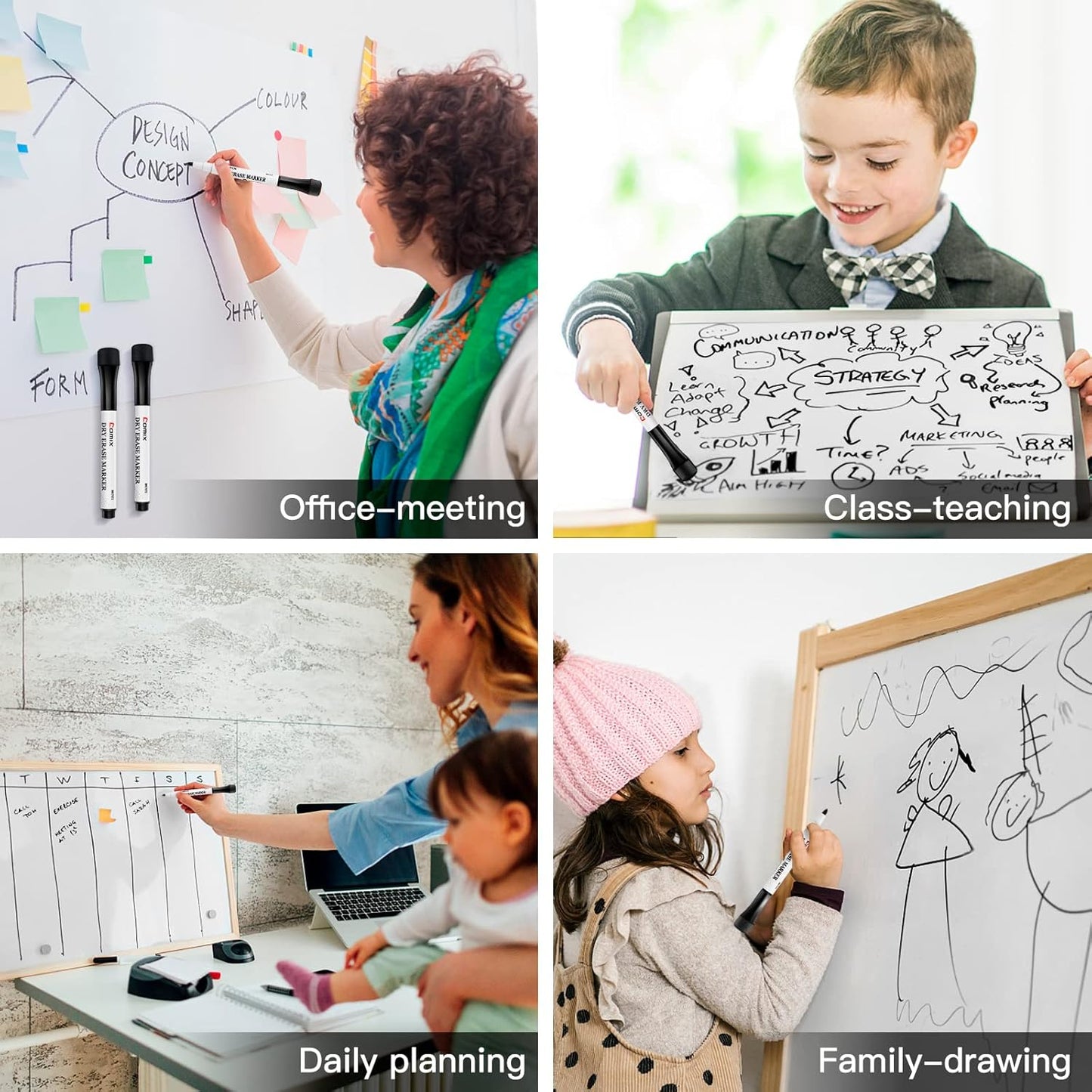 Comix Magnetic Dry Erase Markers, Fine Tip Black Whiteboard Markers with Eraser Cap, Low Odor Black Markers for Kids Teachers