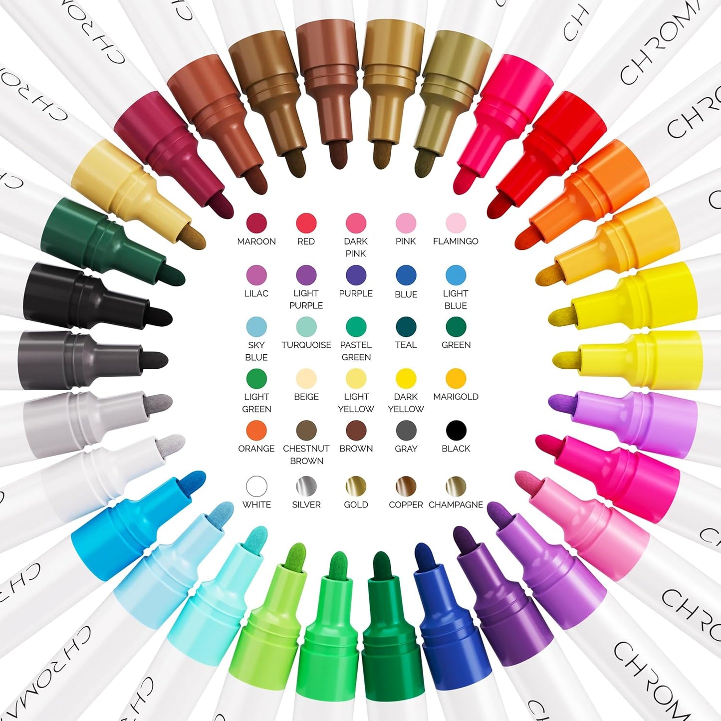 CHROMATEK Dual Tip Oil Based Paint Markers - 30 Colors Permanent Paint Pens for Rock Painting, Canvas, Glass, Wood, Stone & DIY Art Supplies - Quick Drying Waterproof Pen with Video Tutorials & Ebook