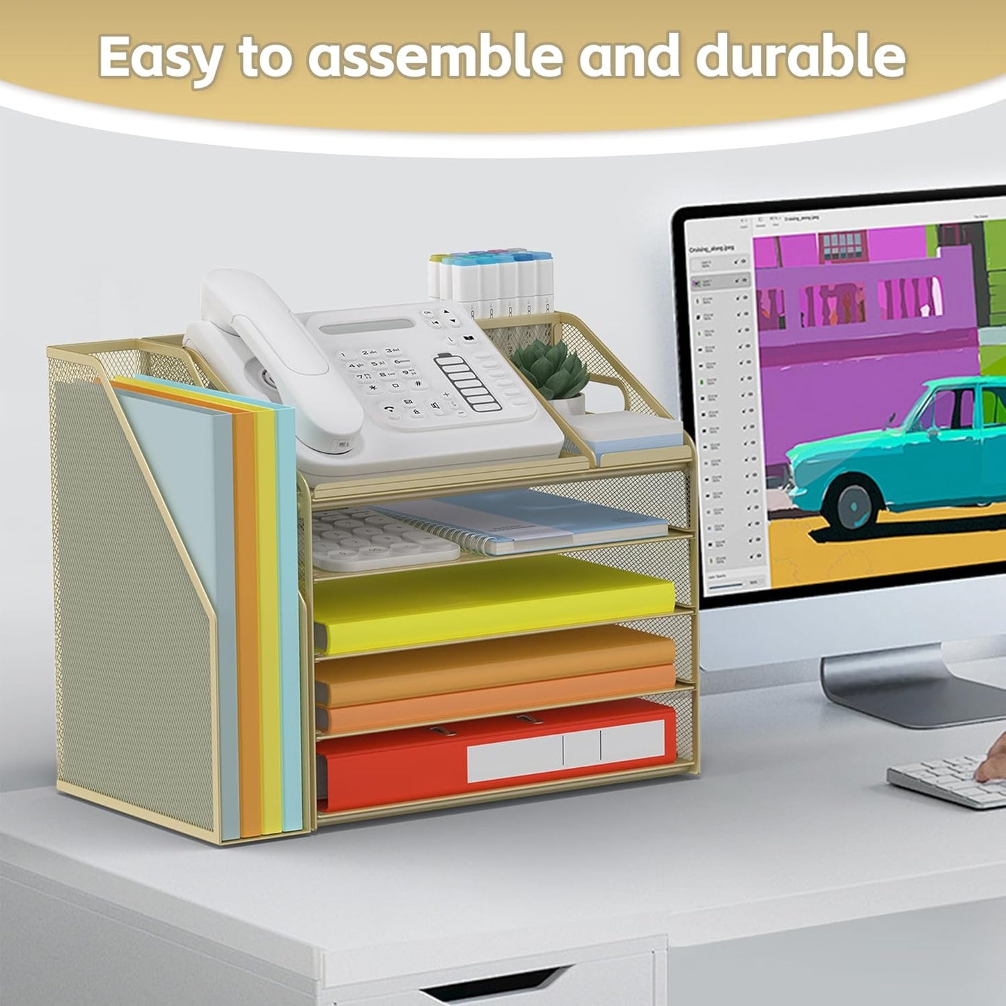 DocNest 5 Tier Paper Letter Tray File Organizer, Mesh Desk File with Handle, Workspace Desk Organizers with Pen Holder, Office Organization Storage Accessories - Gold Yellow