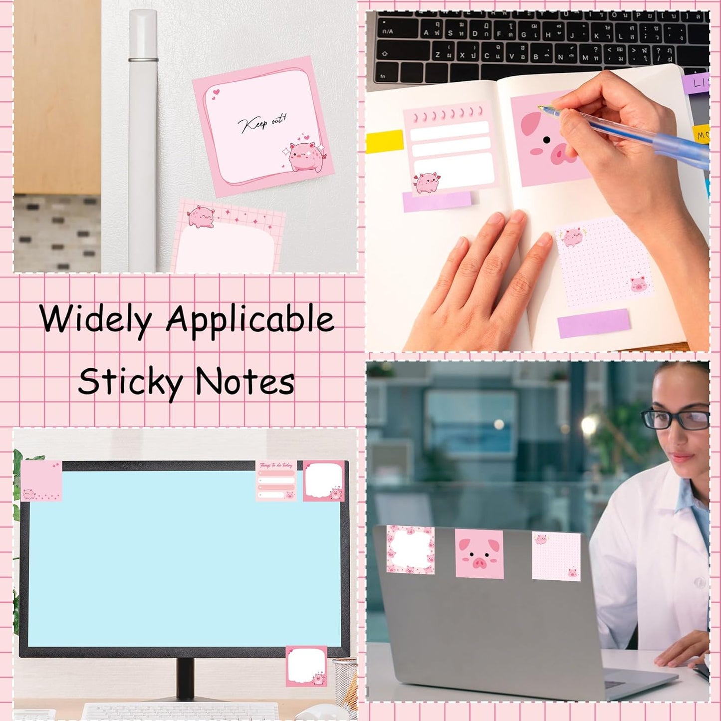 9 Pack Cute Pig Sticky Notes Set, 450 Sheets Pink Cartoon Self-Stick Notepads with Kawaii Piggy Designs, Fun Gifts for Girls Kids Students or Office Use