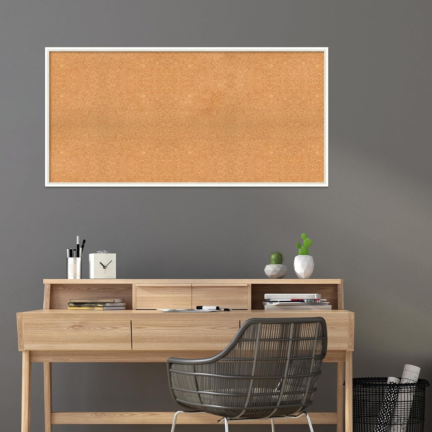 Amanti Art Natural Cork Board for Wall, 27x55 Vision Board with White Frame, Oversize Corkboard Office Decor for Home Organization, Modern Corkboard Pinboard to Display Items for Home Organization in