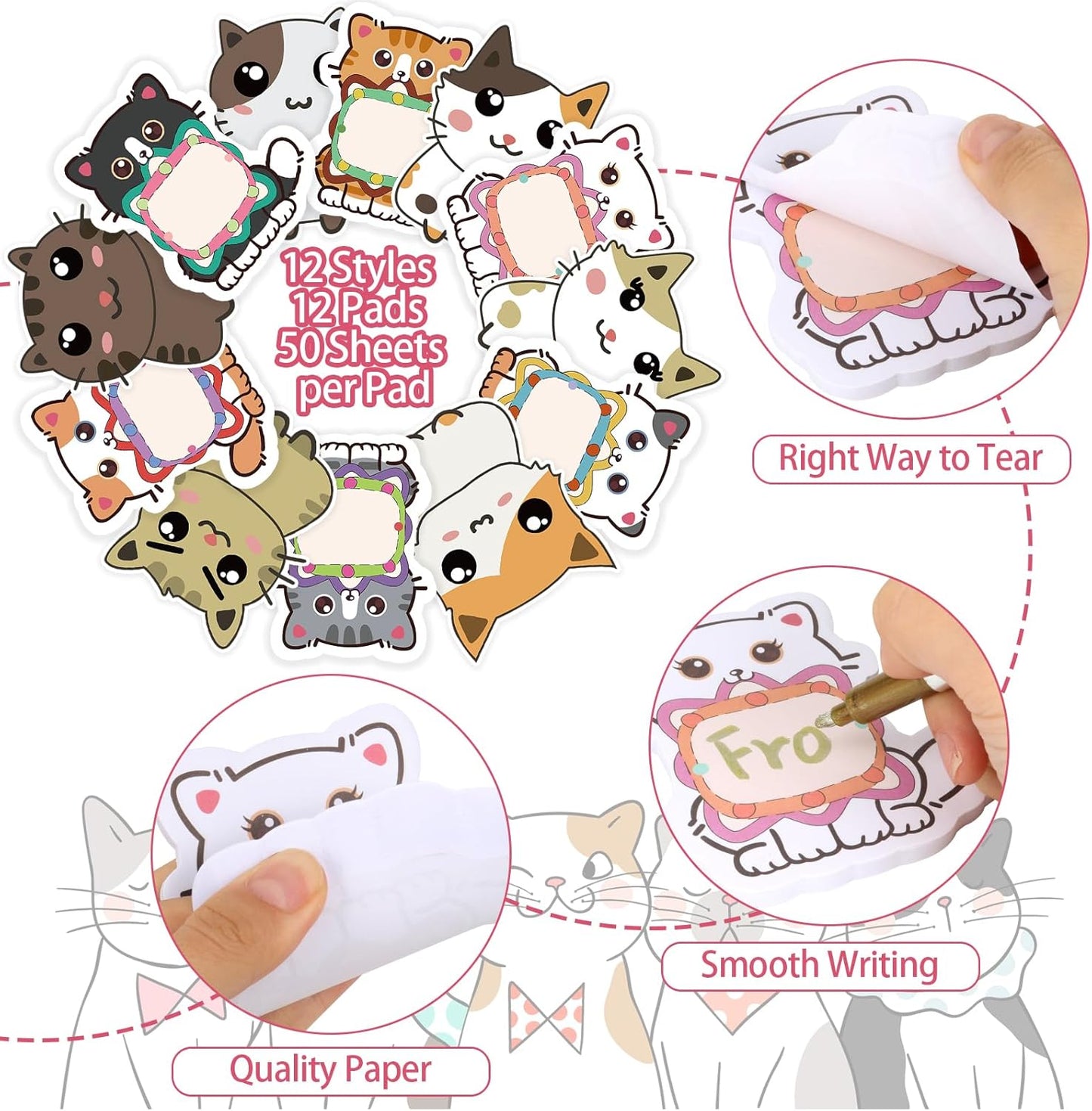 600Pcs Cute Cat Sticky Notes, Cartoon Cat Animal Sticky Notes Kawaii Sticky Note Pads Self-Stick Memo Pads Cat Shapes Memo Notes for Cat Lovers Students Home Office School Supplies