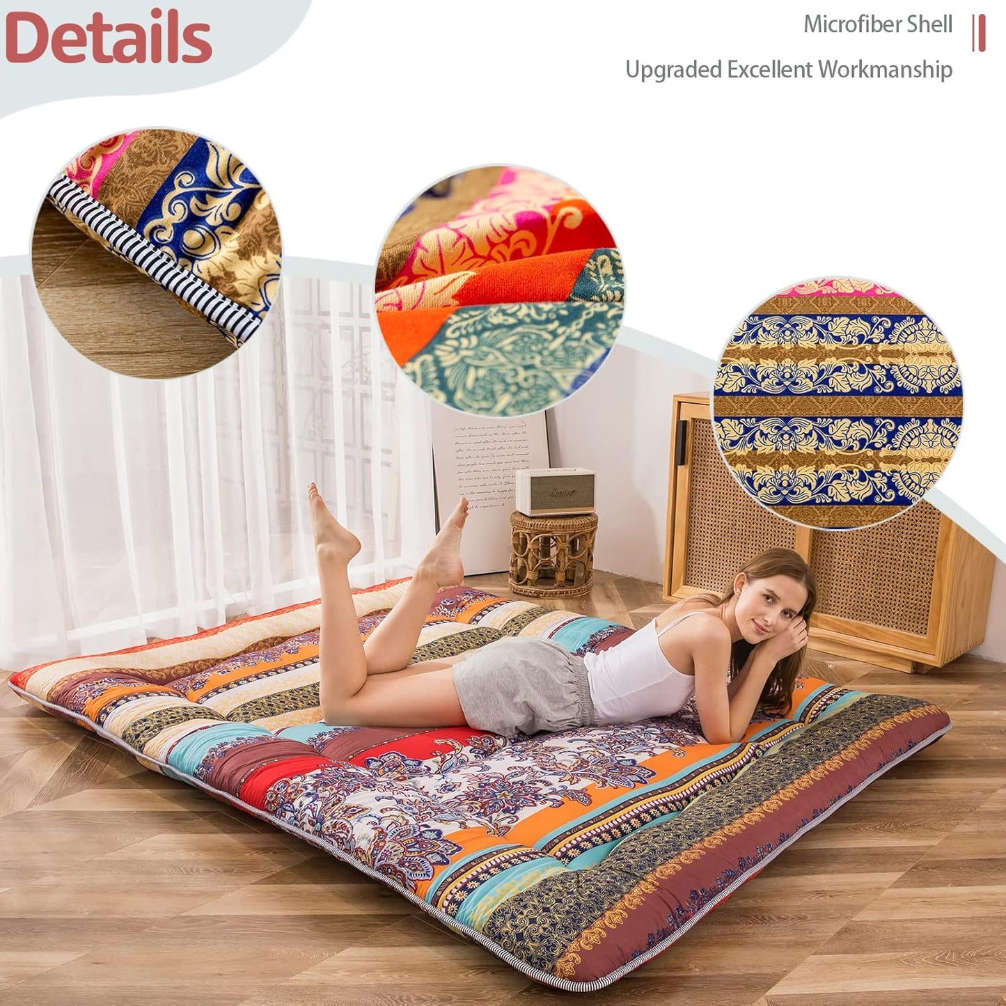 Bohemian Retro Floor Mattress Vintage Floral Japanese Futon Mattress Roll Up Thicken Sleeping Bed Portable Camping Mattress Floor Lounger Couch Bed Mattress Pad, King Size