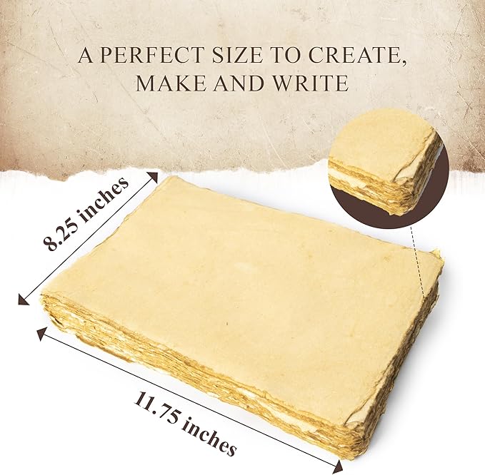 Blank Vintage Handmade Deckled Edge Paper | 75 Sheets of Recycled Cotton Papers, Perfect Sheet for Any Medium, Blank Watercolor Paper Cards, 150 GSM Thick & Acid-Free Antique Paper