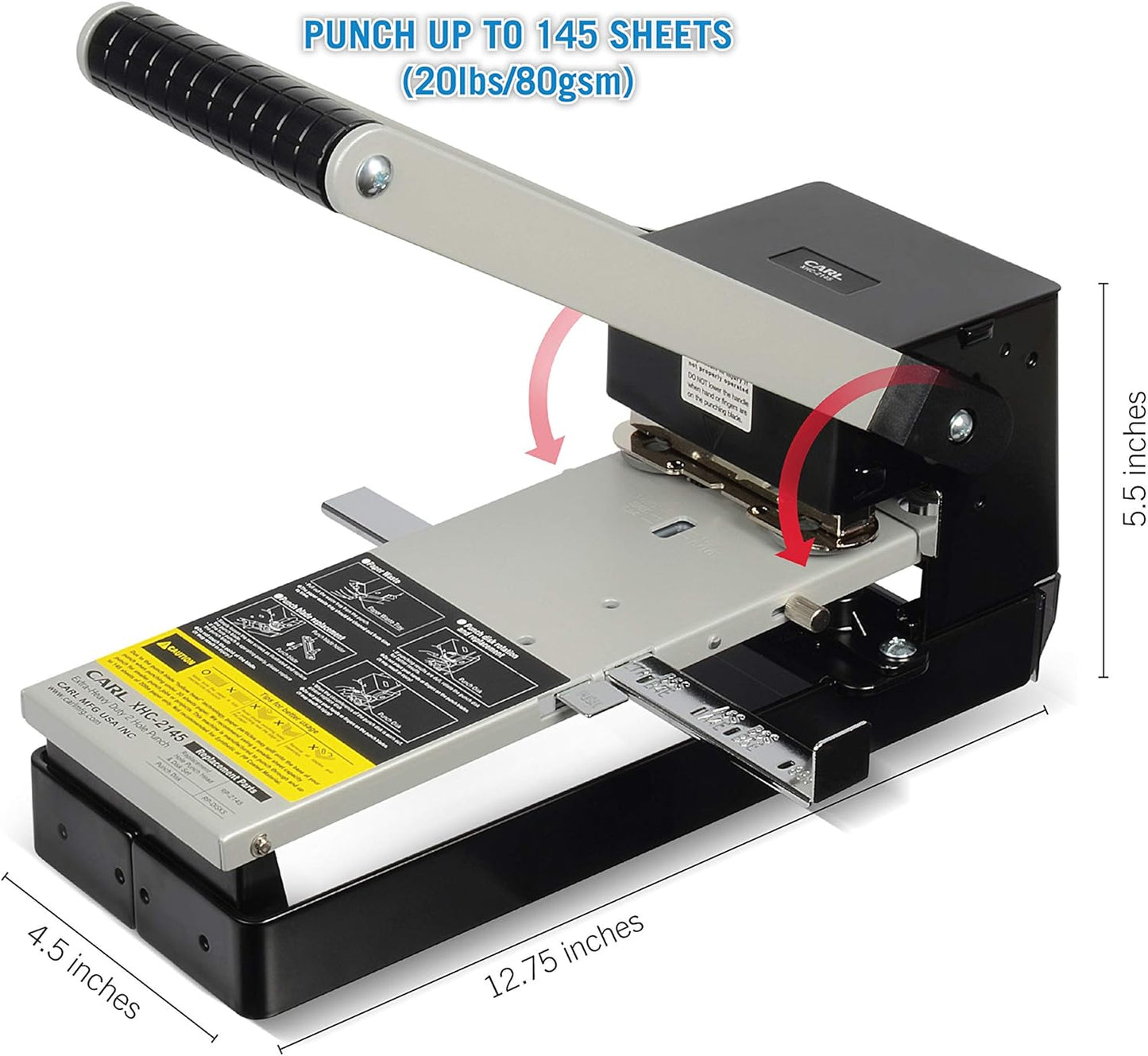 CARL, XHC-2145, Heavy Duty 2-Hole Punch – 145 Sheet Capacity Paper Puncher with Precise Spacing, Built-in Waste Bin, Fits US & Metric Brooch Sizes – Office, School & Binder-Ready Use.