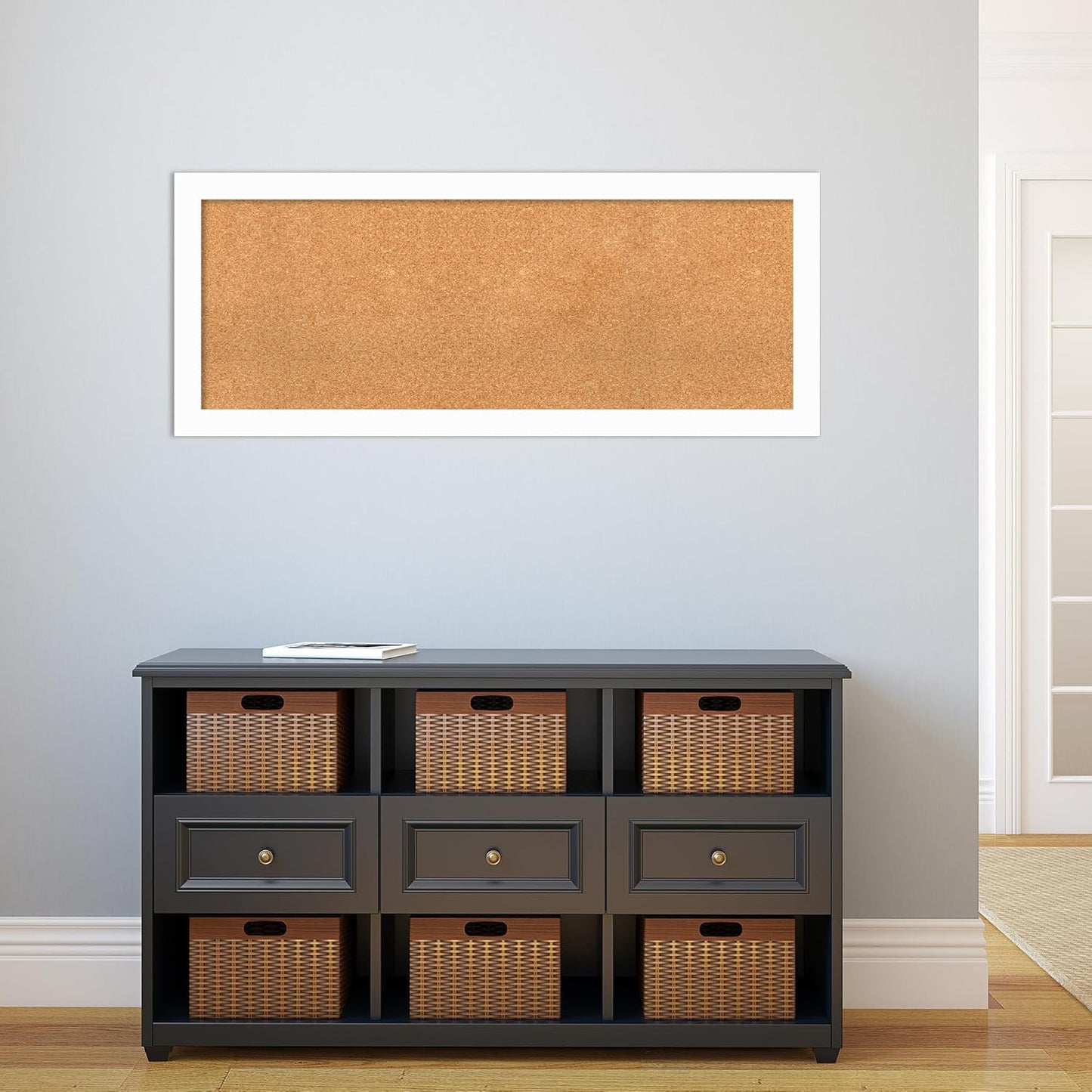 Amanti Art Natural Cork Board for Wall, 19x47 Vision Board with White Frame, Oversize Corkboard Office Decor for Home Organization, Casual Corkboard Pinboard to Display Items for Home Organization in