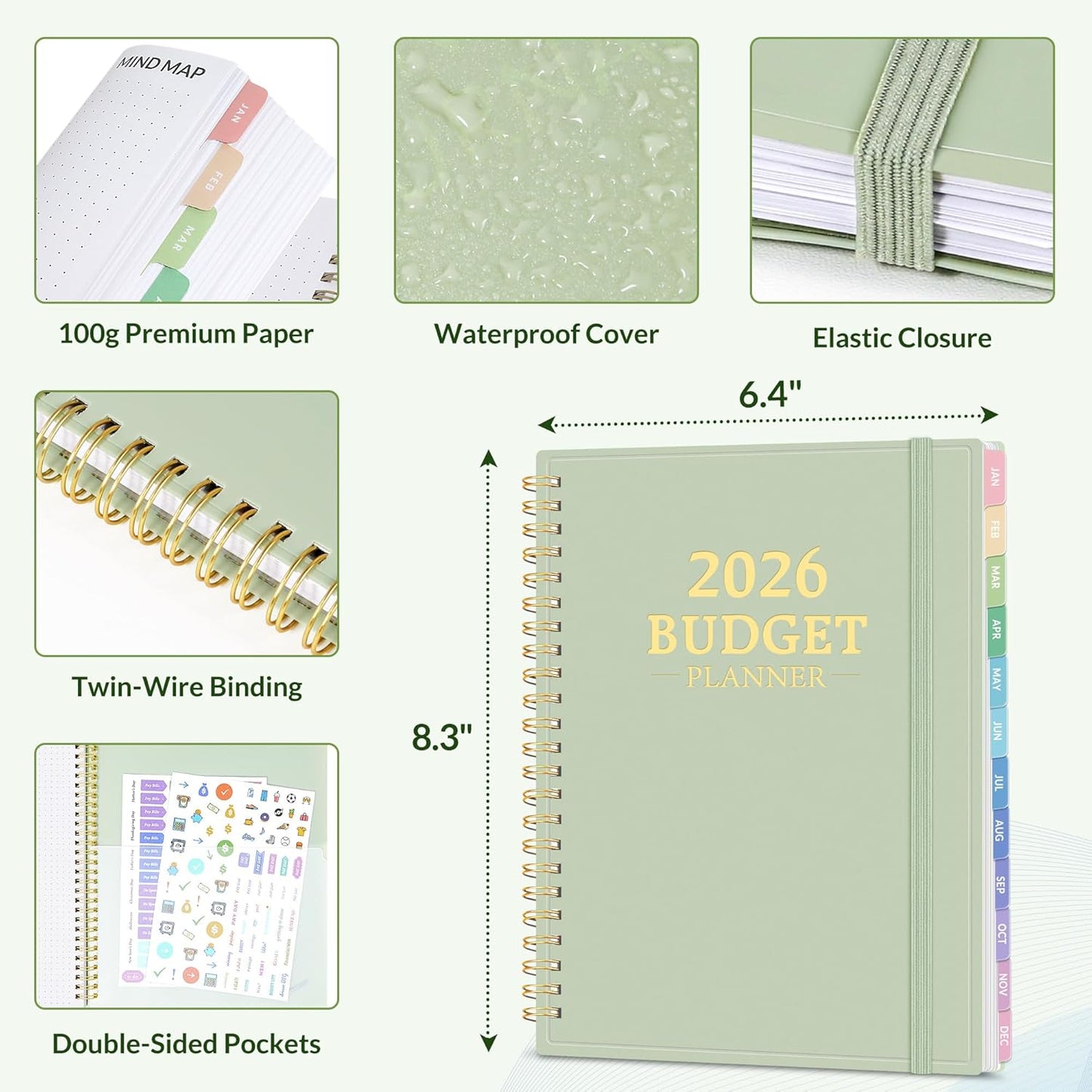 2026 Budget Planner - Monthly Budget Book from JAN 2026 - DEC 2026 with Expense Tracker Notebook, A5 Size (6.4" x 8.3") Bill Organizer & Finance Planner Account Book to Manage Your Finances, Green