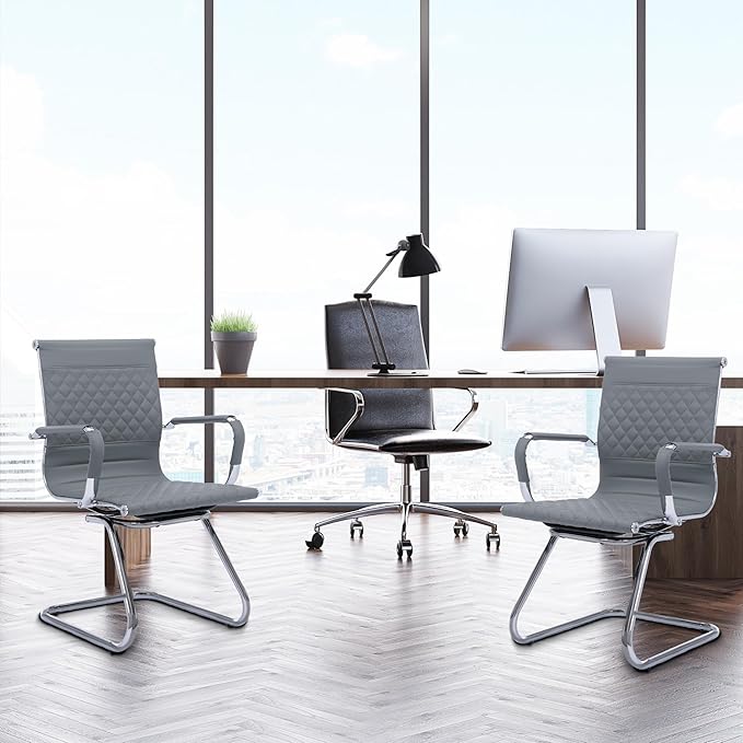 Office Guest Chairs - Set of 2 Modern PU Leather Desk Chairs with Mid Back, Grey