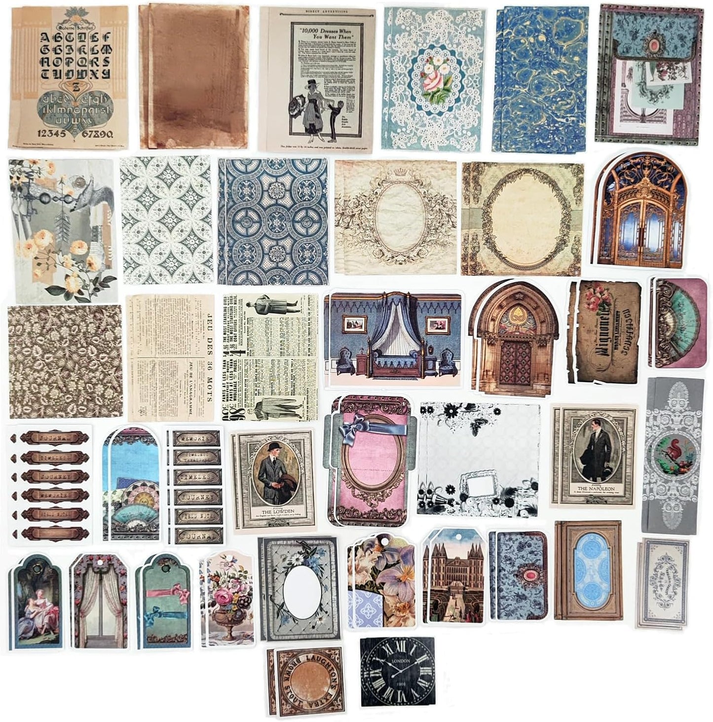 200PCS Vintage Scrapbooking Supplies Pack, Aesthetic Scrapbook Sticker Paper Art Journaling Kit for Bullet Junk Journals,Planner,Cottagecore Decor Gifts (Blue Vintage Collection)