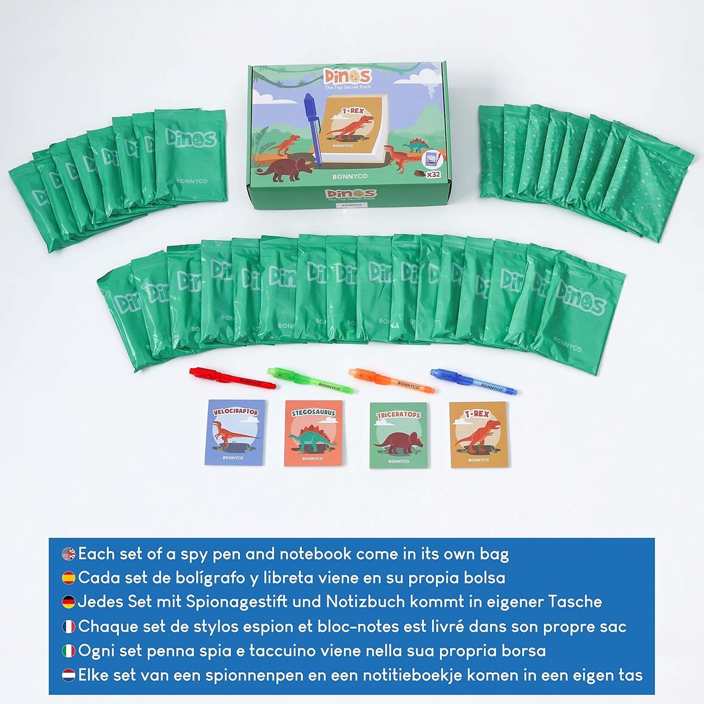 BONNYCO Invisible Ink Pen and Notebook Pack 32 Dinosaur Party Favors for Kids, Magic Spy Pen Goodie Bags Stuffers for Kids, Dinosaur Birthday Party Supplies, Goody Bag Stuffers Return Gifts Prizes