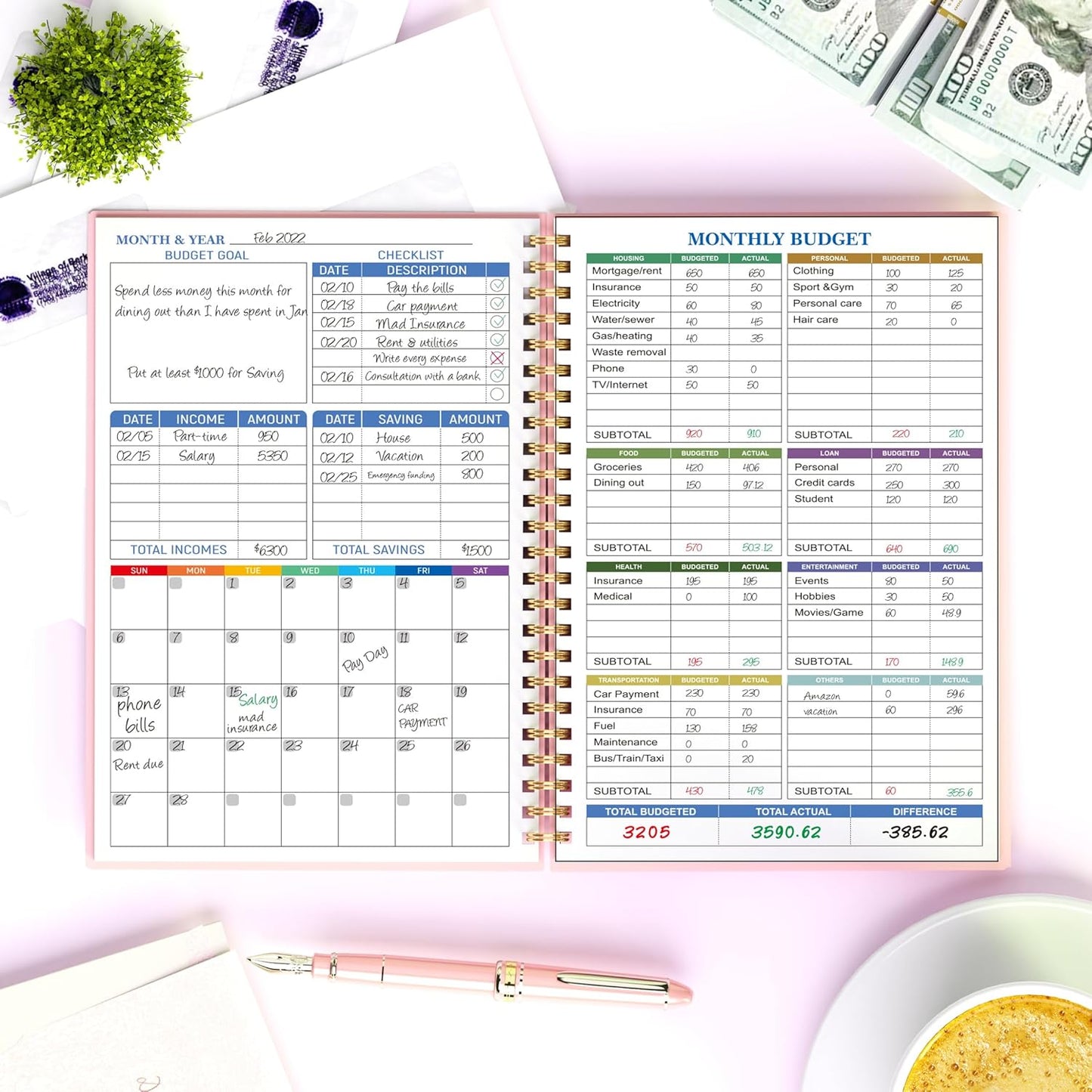 Budget Planner - Monthly Finance Organizer with Expense Tracker Notebook to Manage Your Money Effectively, Undated Finance Planner/Account Book, Start Anytimem,A5(8.6x5.9 inchs),100gsm Paper - Pink