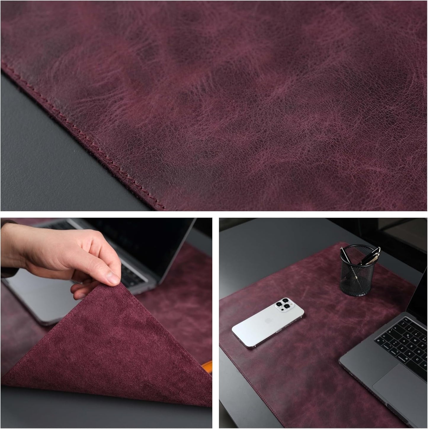 Jersey Genuine Calfskin Leather Desk Pad, Office Desk Mat with Non-Slip Bottom, Smooth Surface for Mouse & Keyboard, Desk Protector (14.6x31.5 inches) (Purple)