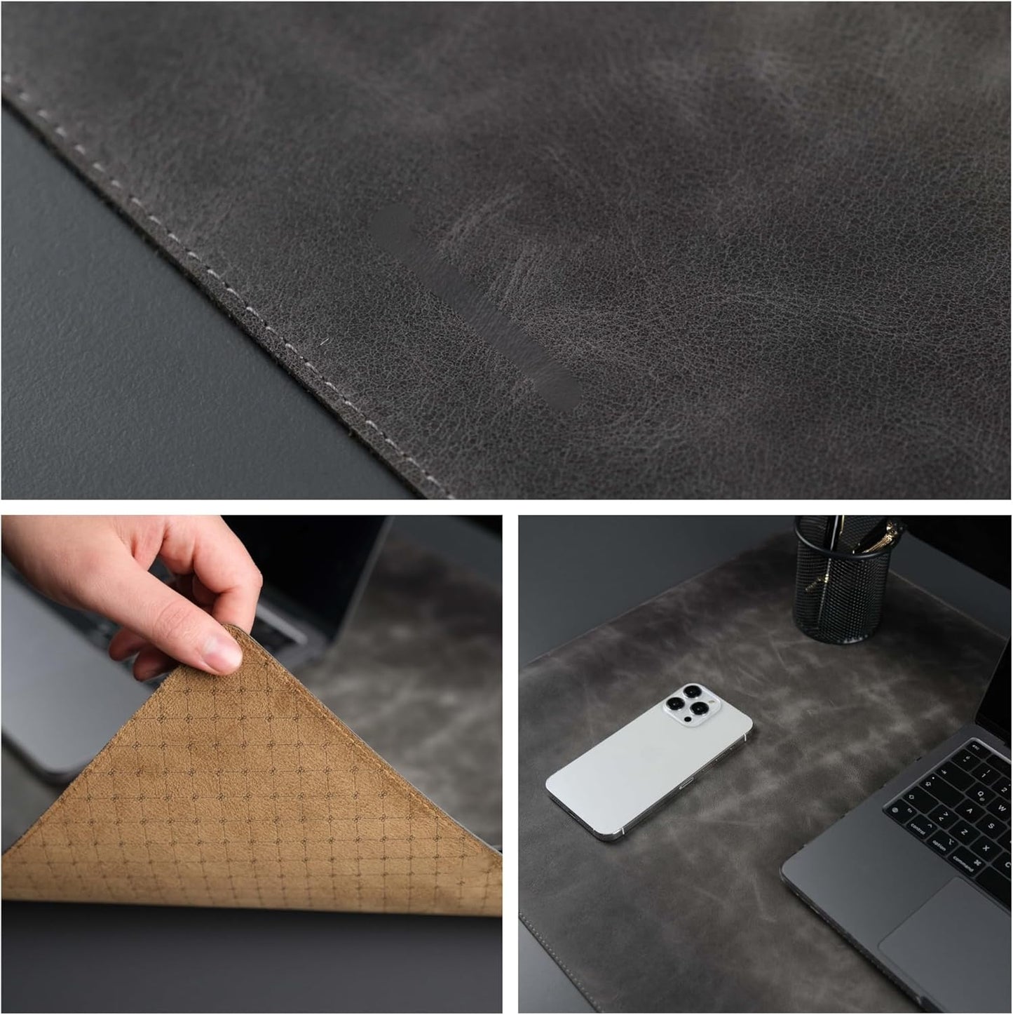 Jersey Genuine Calfskin Leather Desk Pad, Office Desk Mat with Non-Slip Bottom, Smooth Surface for Mouse & Keyboard, Desk Protector (36x19 inches) (Grey)