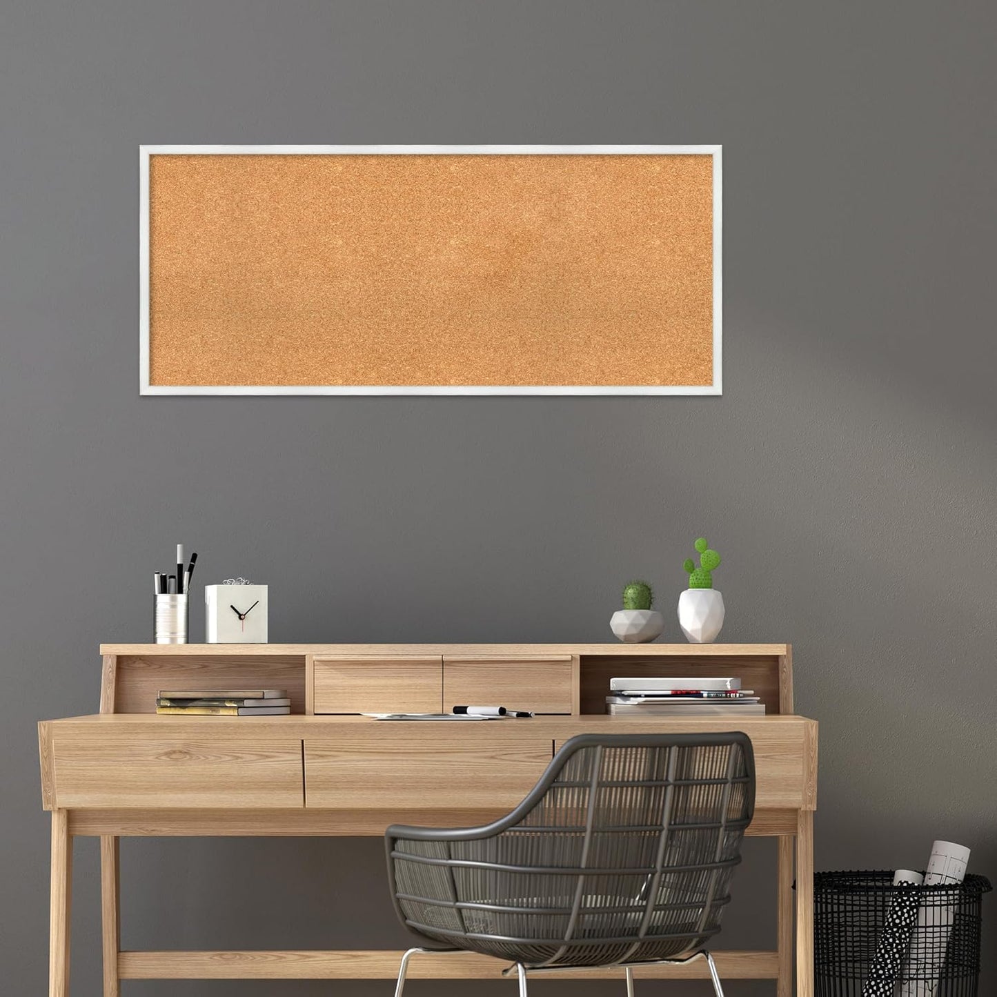 Amanti Art Natural Cork Board for Wall, 21x49 Vision Board with White Frame, Oversize Corkboard Office Decor for Home Organization, Country Rustic Corkboard Pinboard to Display Items for Home