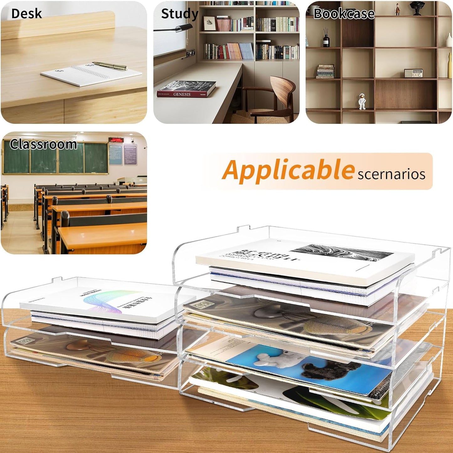 2 Pack- Stackable Paper Letter Tray,Clear Acrylic Magazine Holder and File Organizer - Sleek Desk Organizer for Home Office, Bookshelf, or Workspace - Space-Saving Transparent Document Holder