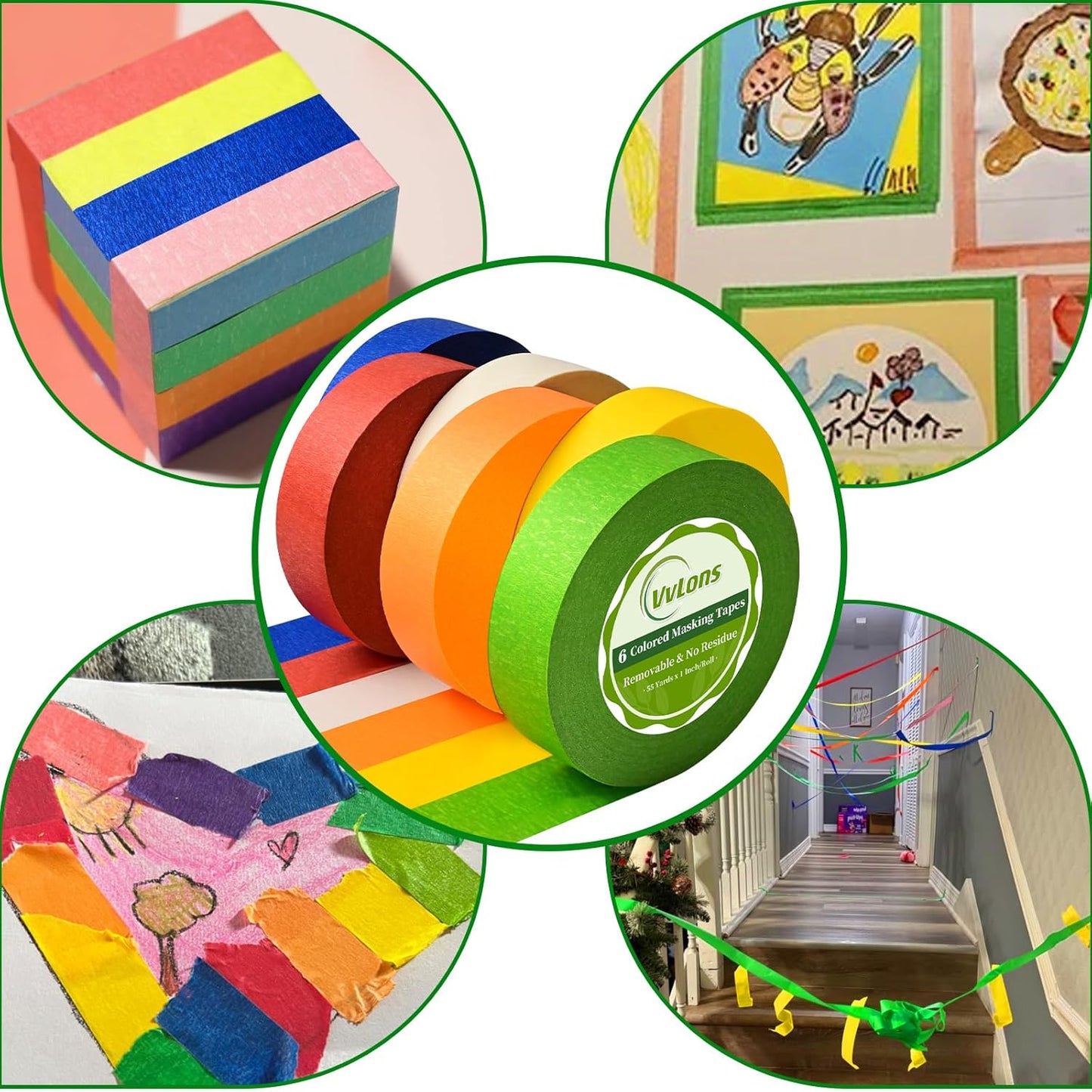 Colored Masking Tape, 990 Feet x 1 Inch Colored Painters Tape Remove Easily for Arts Crafts DIY, 6 Pack Colorful Craft Tape for Decorative Labeling Automotive Watercolor Painting Kids Art Supplies