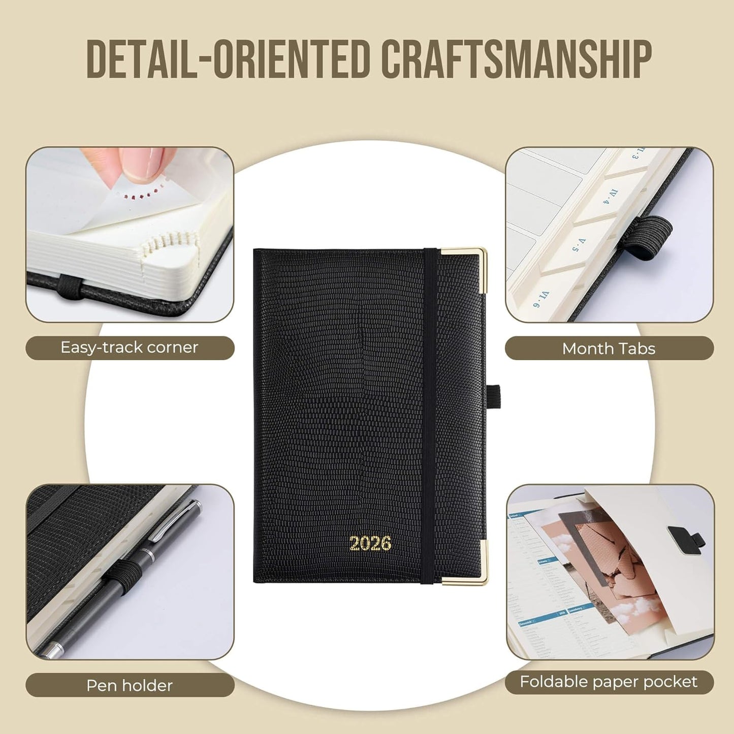 Daily Planner 2026 with One Page Per Day,(A5-8.5" x 5.9"),12 Months Calendar Hourly Appointment Book Monthly Tabs&Self-adhesive Pen Holder,Inner Pocket,Durable Vegan Leather Hardback,Black