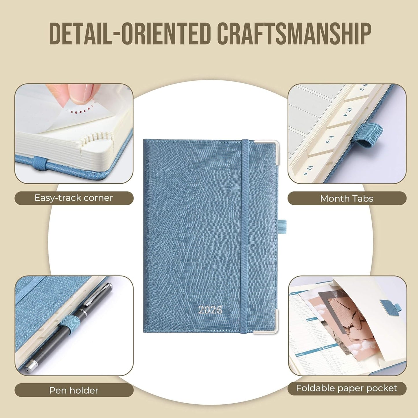 Daily Planner 2026 with One Page Per Day,(A5-8.5" x 5.9"),12 Months Calendar Hourly Appointment Book Monthly Tabs & Self-adhesive Pen Holder,Inner Pocket,Durable Vegan Leather,Sky Blue