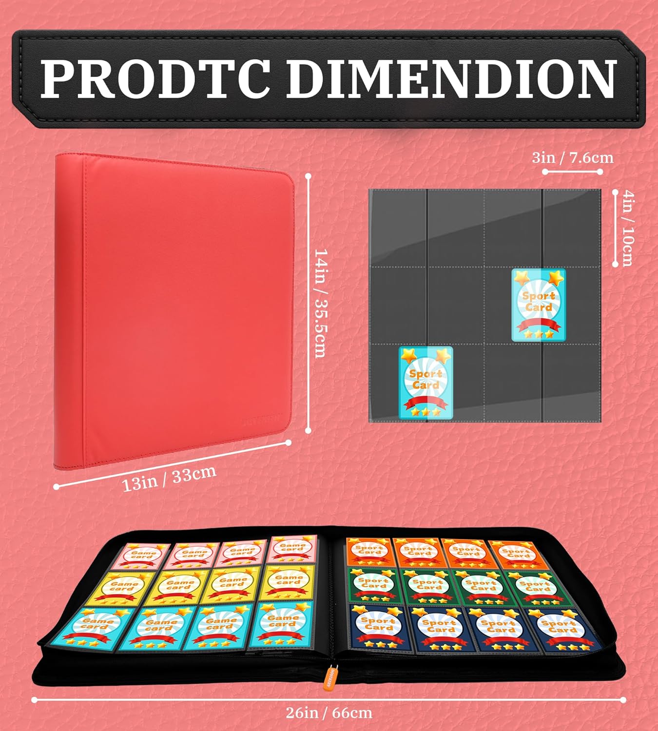 12 Pocket Card Binder, 864 Pockets Side Loading Trading Card Collection Binder, Zipper Ringless Card Holder Album for TCG, Sports, Game Business Cards, Red