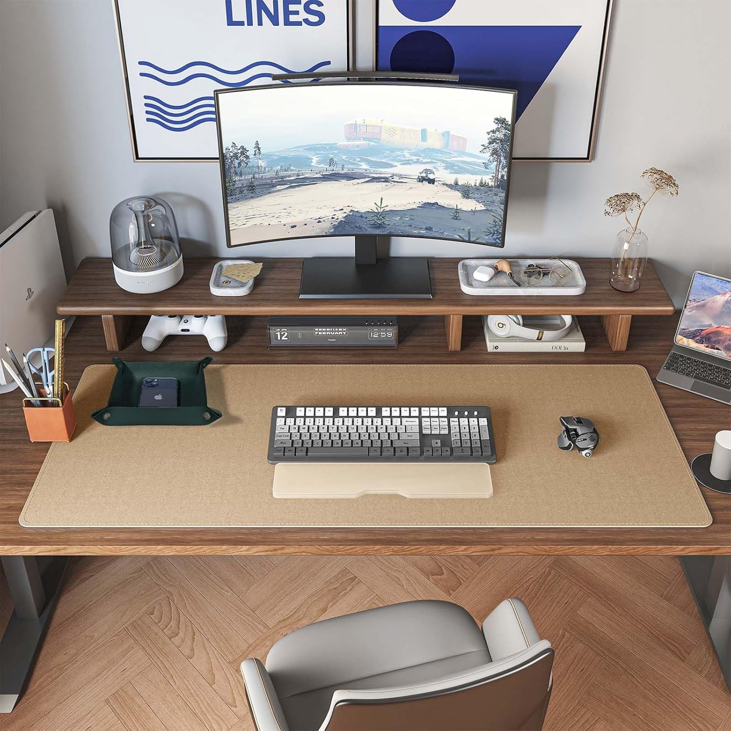 DAWNTREES Dark Green Desk Mat,Leather Desk Pad,40"x16",Cork Desk Mat Protector,with PU Leather Valet Tray Organizer,Large Mouse Pad,Desk Writing Pad for Office and Home