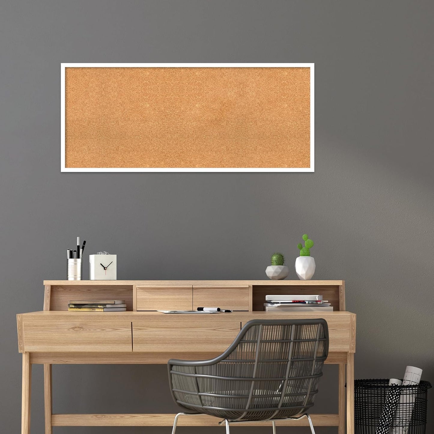 Amanti Art Natural Cork Board for Wall, 21x49 Vision Board with White Frame, Oversize Corkboard Office Decor for Home Organization, Modern Corkboard Pinboard to Display Items for Home Organization in