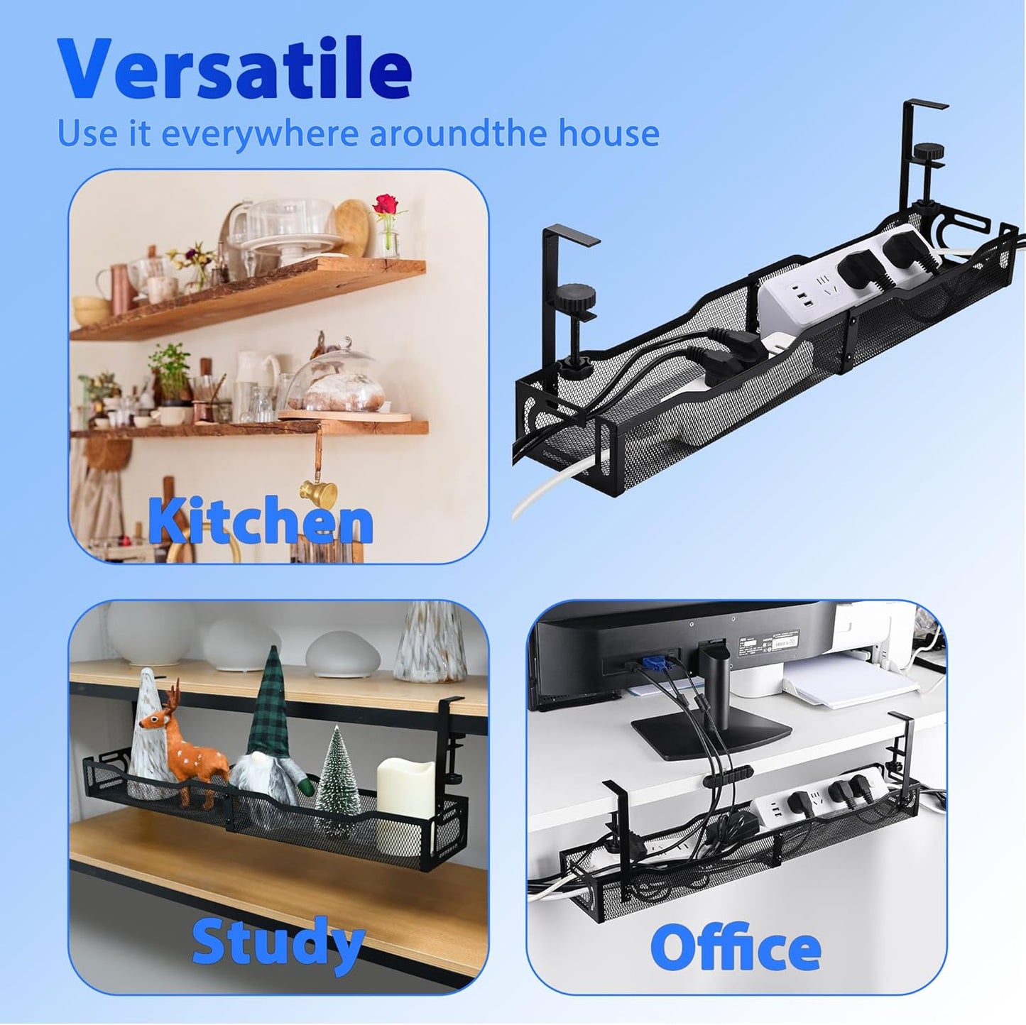 Clamp-On Under Desk Cable Management Tray – 25.3 Inch No Drill Metal Wire Organizer for Home Office & Standing Desk Setup (Black)