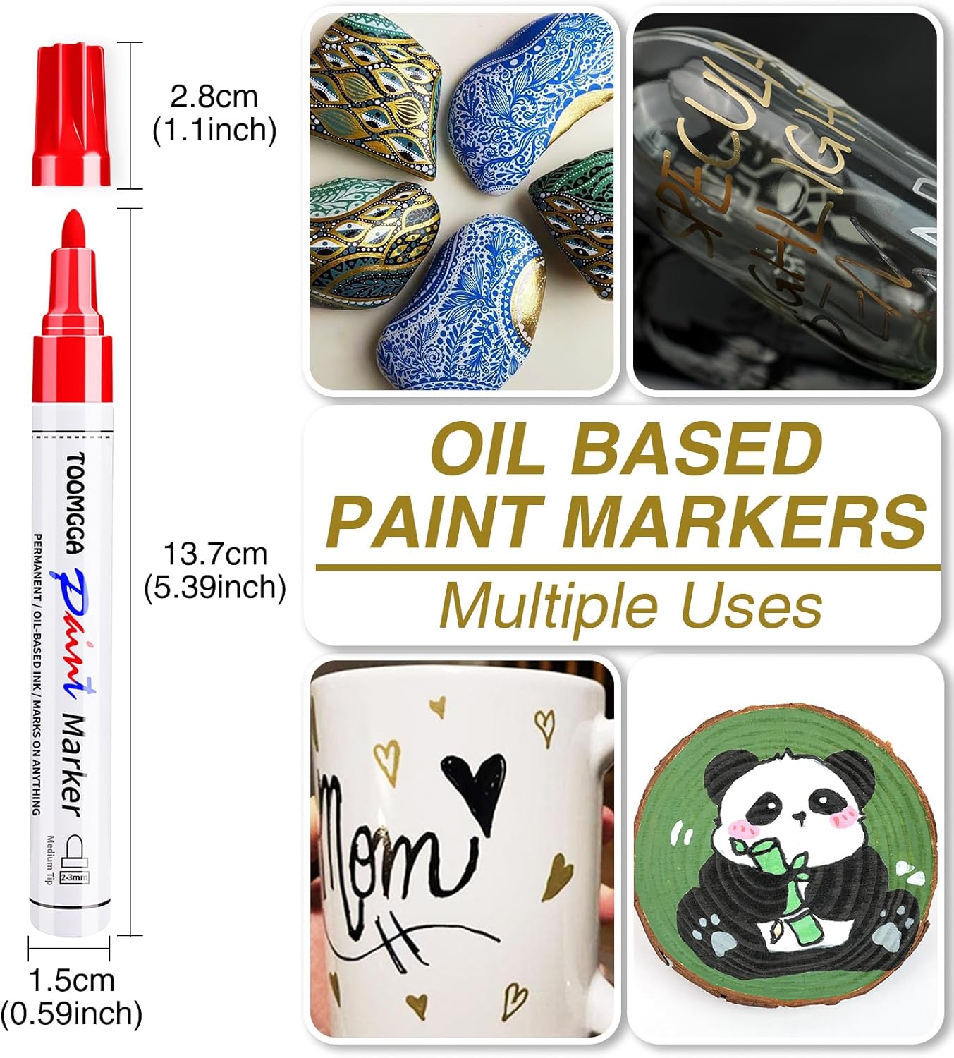 Black Paint Pens Permanent Paint Markers - 8 Pack Oil Based Marking Pens, Medium Point, Quick Drying and Waterproof Pens for Rock Painting Car Tyre Metal, Plastic, Canvas, Wood