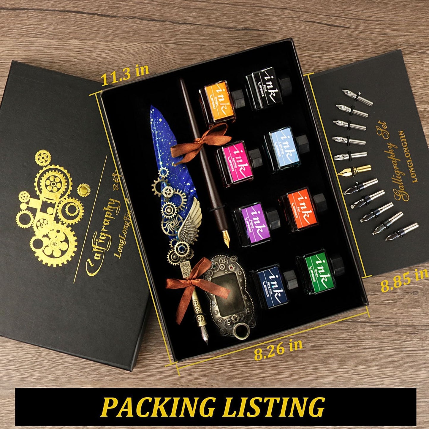 Calligraphy Pens and Ink Set - Calligraphy Kits for Beginners,Quill Pen Includes Dip Pen,8*Colors Ink,11*Calligraphy Pen Nibs(Blue)