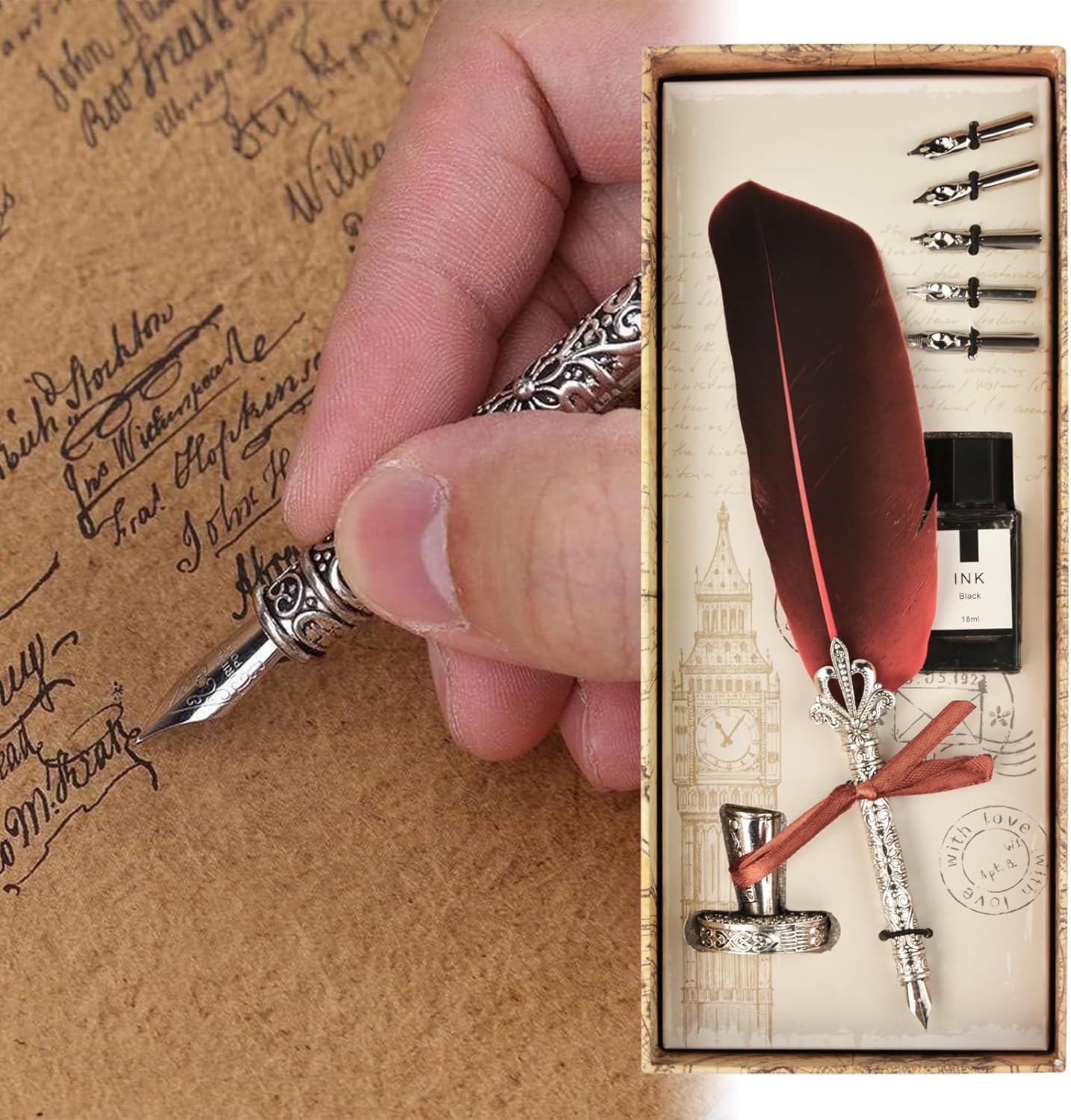 Flylin Retro Feather Pen Set, Calligraphy Fountain Dip Quill Pen, 5 Replacement Nibs, Red Ink, Perfect for Calligraphy