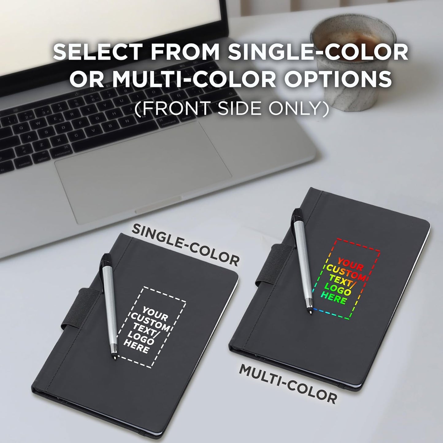 DISCOUNT PROMOS 10 Executive Notebooks with Pen Pack - Customizable Text, Logo - 6 x 8.5 inches, Recycled, Pen Loop, Closure Strap - Black