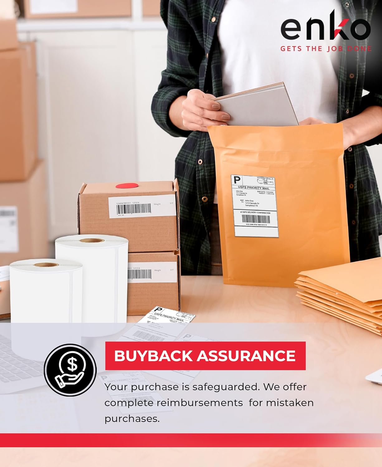 enKo Products - 4" x 6" Fanfold Direct Thermal Labels - White Shipping Labels, Perforated, Permanent Adhesive for Rollo, Zebra Printers (4 Stack, 2000 Labels) 500 Labels/Stack - Commercial Grade