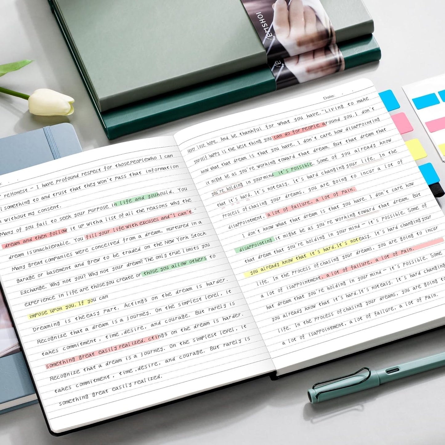 EMSHOI Lined Journal College Ruled Notebook – 8.5"x11" Hardcover Leather Journal for Women Men Office Work, 192 Pages 100 GSM Thick Paper, A4 Writing Notebook with Sticky Notes, Green