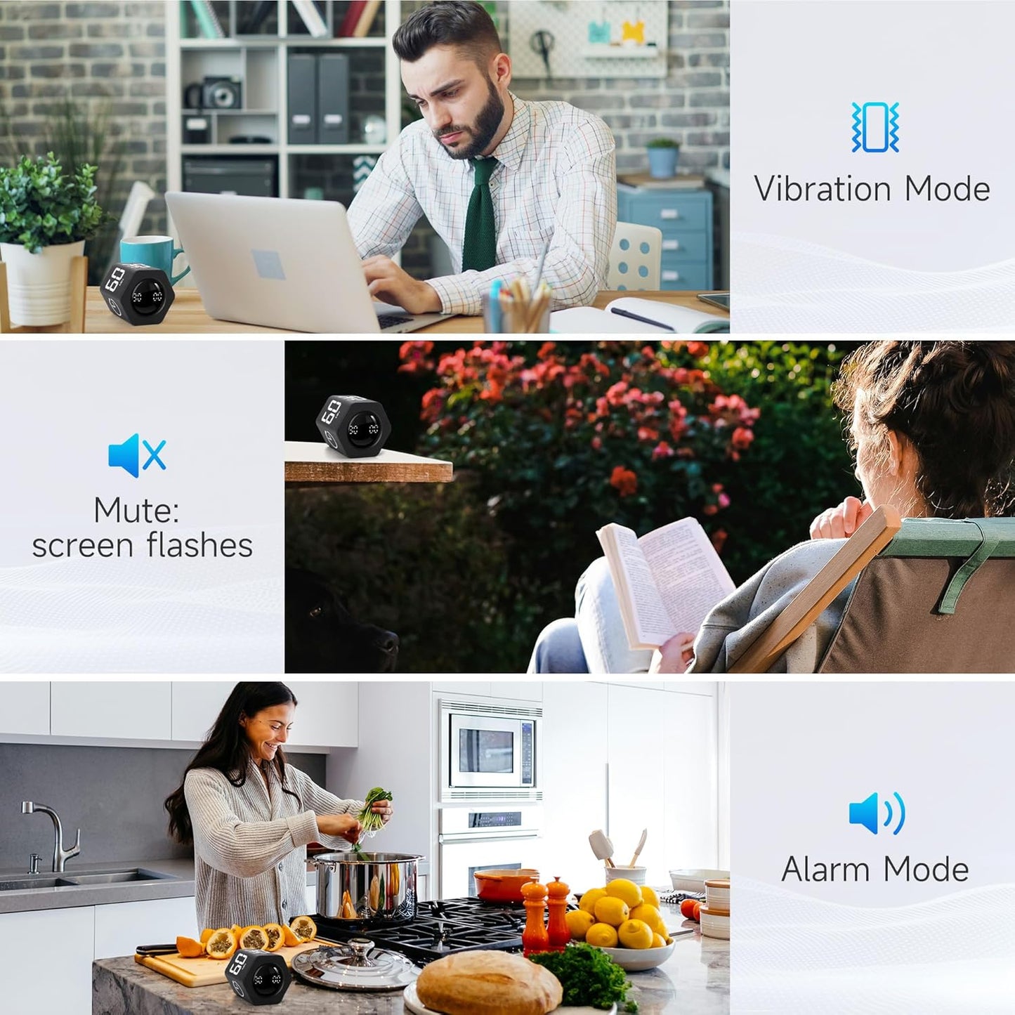 Productivity Timer 1, 5, 10, 30, 60 Minutes Preset, Desk Cube Timer with Gravity Sensor/Mute/Vibration for ADHD, Work, Study, Kitchen, Back to School (1, Black)