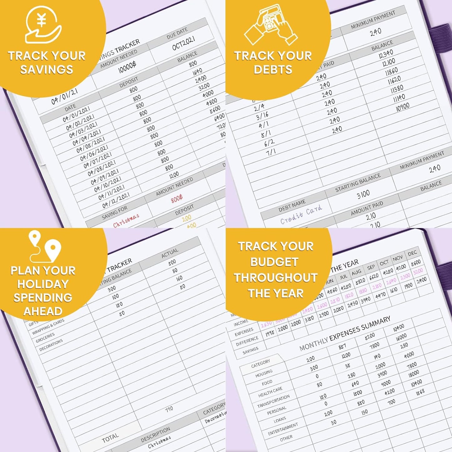 Budget Planner with Monthly Tabs - 7" x 10" Hardcover Budget Book, Monthly Bill Organizer with Pockets, Undated Finance Planner with Expense Tracker Notebook to Take Control Your Money-Purple