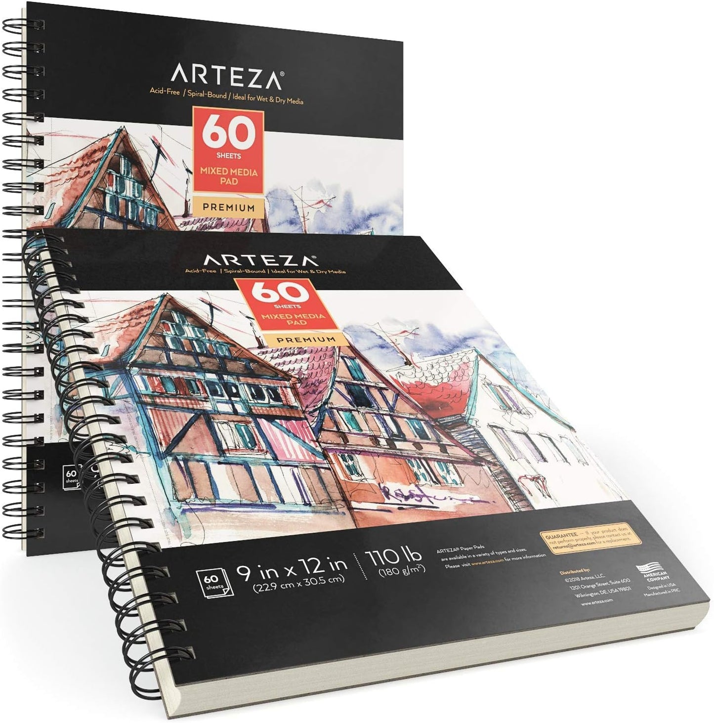 ARTEZA Mixed Media Sketchbook, 9x12 Inches – 2-Pack, 60 Spiral-Bound Sheets, 110 lb Acid-Free Paper for Wet & Dry Media: Acrylic, Ink, Pencil & More