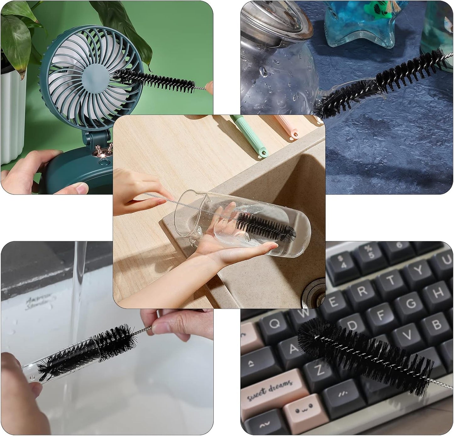 CiaraQ Bottle Cleaning Brushes, 8 Inch Nylon Tube Brush Set, Cleaner for Narrow Neck Bottles Cups with Hook, Set of 13pcs. Black