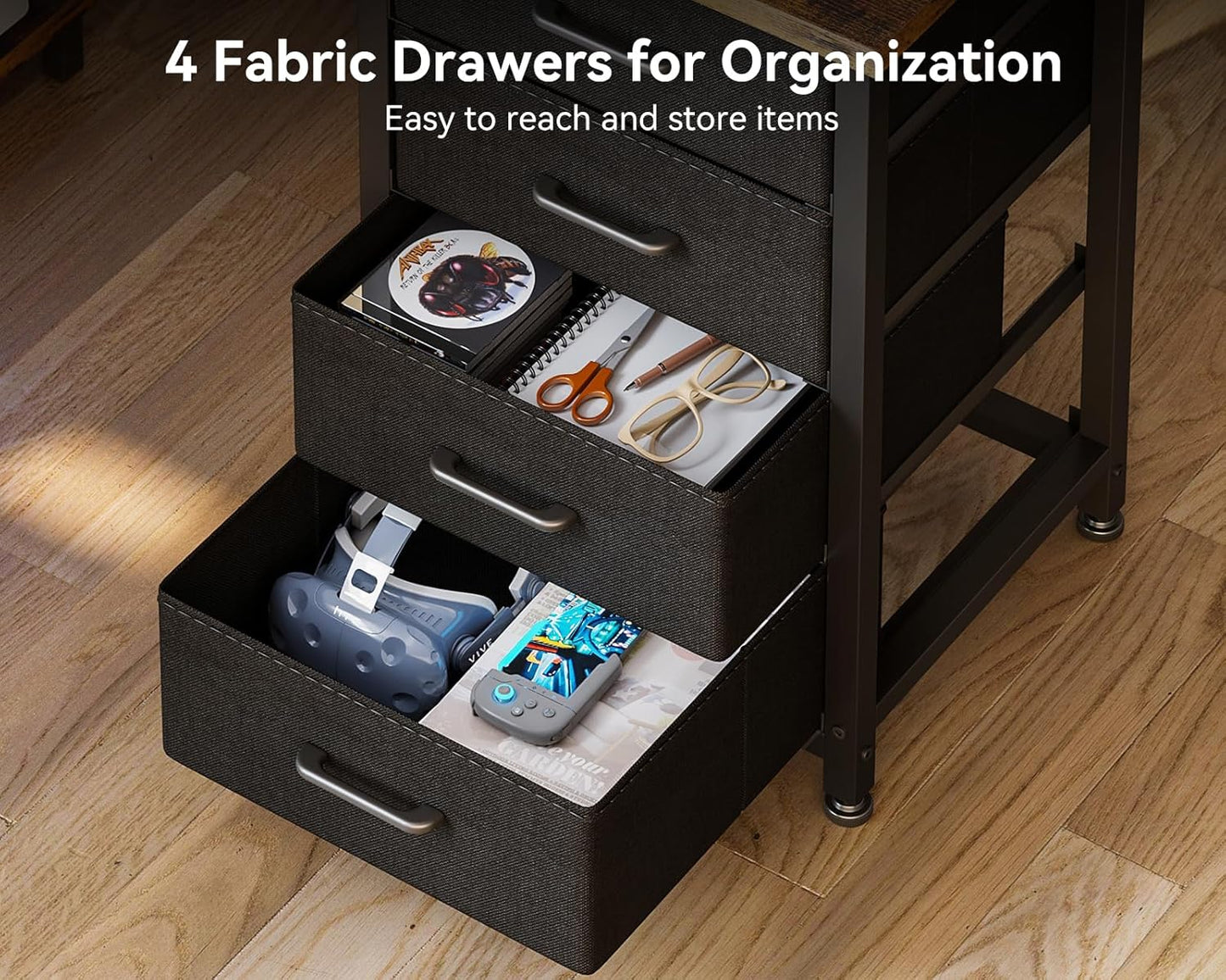 Casaottima L Shaped Desk with 4 Tier Drawers, 61" Gaming Desk with Power Outlets & USB, Reversible L-Shaped Computer Desk with CPU Stand, Home Office Corner Desk with Storage, Easy Assemble, Vintage