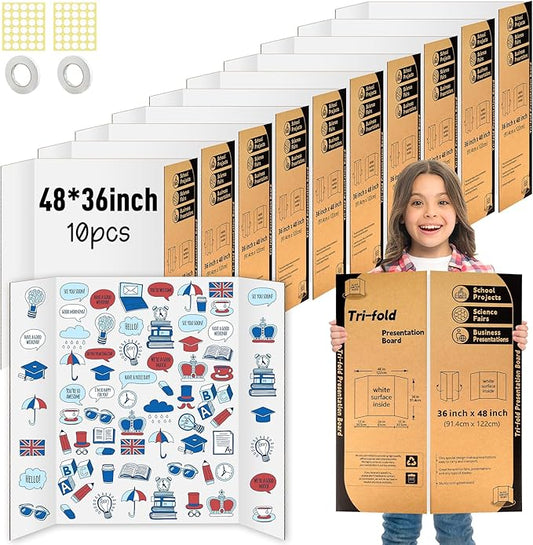 10 Pack Trifold Poster Board 48" X 36", IKAYAS Single sided White Poster Boards, Science Fair Display Boards Posterboard Foamboard for Mounting, Prints,Art,Display,Projects Classroom Supplies
