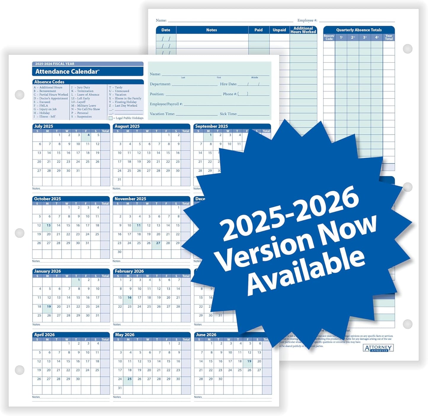 2025-2026 Fiscal Attendance Calendar, Pack Of 50