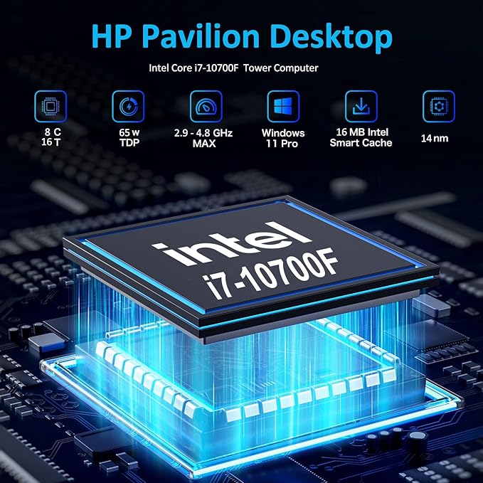 HP Pavilion Tower Desktop Computer, Intel 8-Core i7-10700F up to 4.8GHz, 32GB DDR4 RAM, 1TB PCIe SSD, GeForce GT 610 2GB, WiFi 6, Bluetooth, RJ-45, Type-C, KB & Mouse, Black, Windows 11 Pro, Tichang